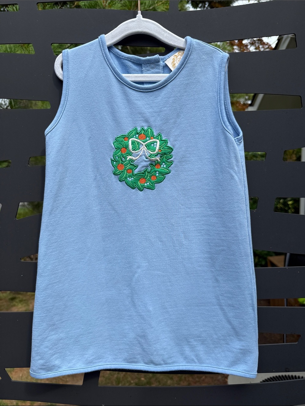 The Beaufort Bonnet Company Light Blue Tank Dress with Green Wreath Applique